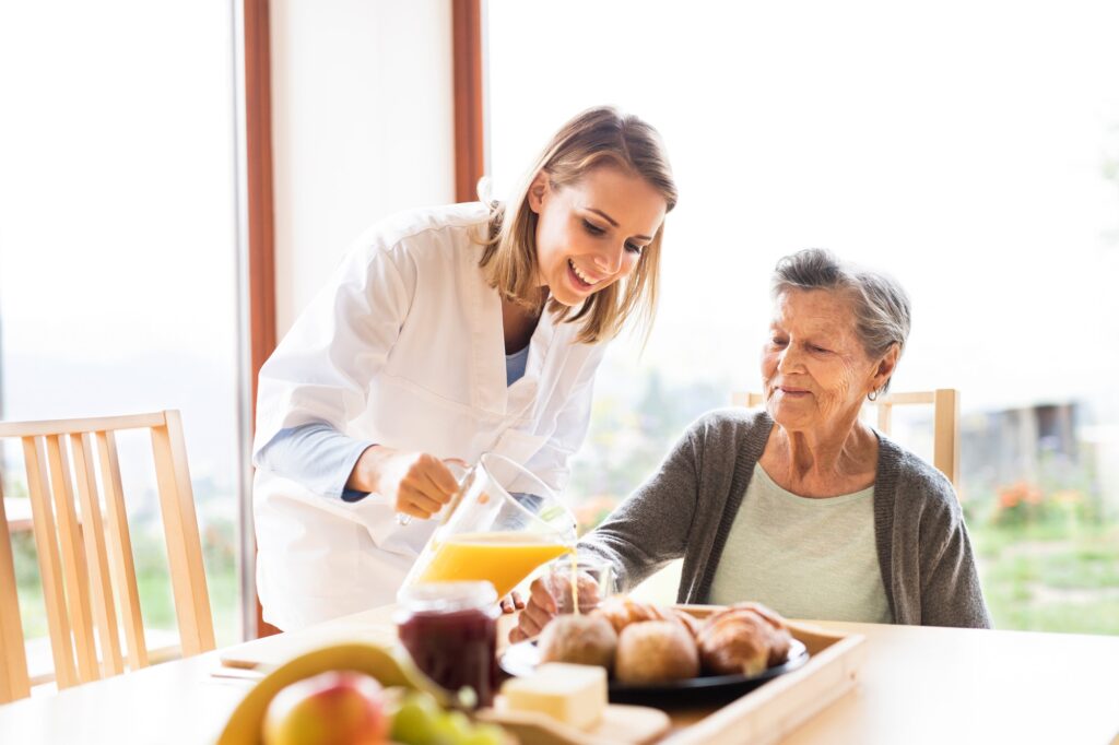 Health visitor and a senior woman during home visit.